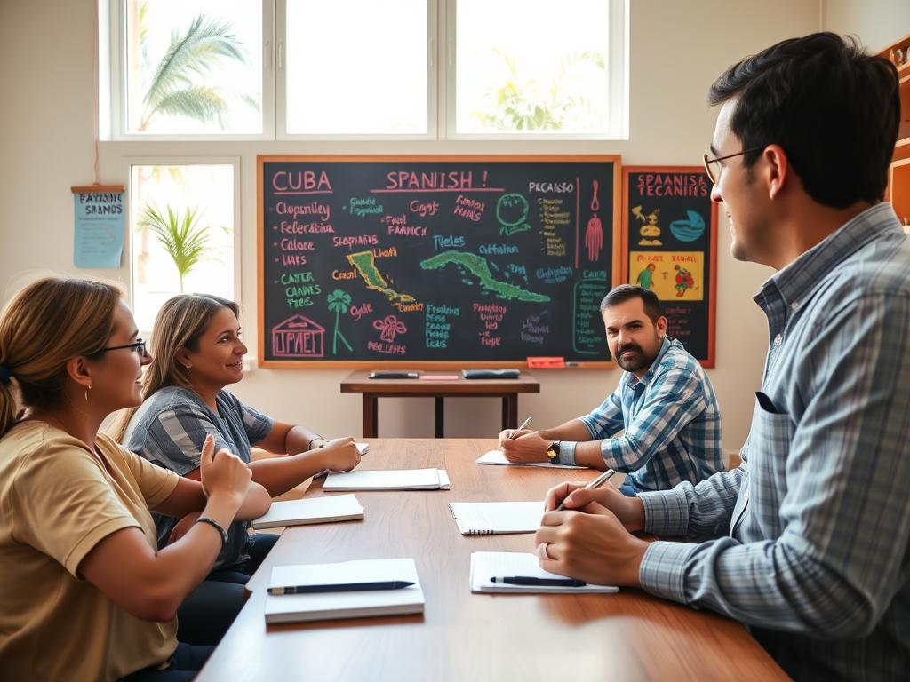 A vibrant, engaging scene depicting a Spanish language teacher in a brightly lit classroom in Cuba. In the foreground, a native Spanish-speaking teacher, dressed in smart casual attire, is interactively engaging with a small group of adult learners seated at a wooden table, each with notebooks and pens. The middle of the image features a large chalkboard filled with Spanish vocabulary, colorful maps of Cuba, and cultural elements. In the background, bright windows show glimpses of lush palm trees and a sunny sky, creating a warm and welcoming atmosphere. The image captures a sense of focus and personalized attention, with soft, natural lighting that enhances the learning environment. The mood is positive and encouraging, reflecting an engaging learning experience. A vibrant, engaging scene depicting a Spanish language teacher in a brightly lit classroom in Cuba. In the foreground, a native Spanish-speaking teacher, dressed in smart casual attire, is interactively engaging with a small group of adult learners seated at a wooden table, each with notebooks and pens. The middle of the image features a large chalkboard filled with Spanish vocabulary, colorful maps of Cuba, and cultural elements. In the background, bright windows show glimpses of lush palm trees and a sunny sky, creating a warm and welcoming atmosphere. The image captures a sense of focus and personalized attention, with soft, natural lighting that enhances the learning environment. The mood is positive and encouraging, reflecting an engaging learning experience.