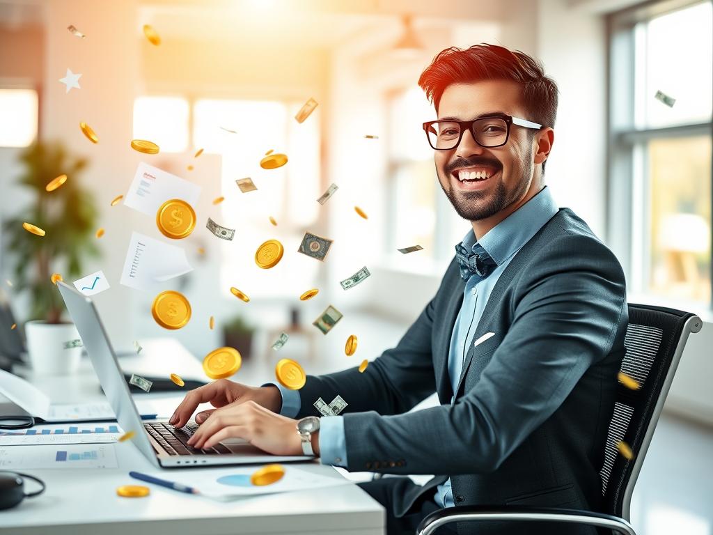 A vibrant image showcasing the concept of "bonus" in a professional and engaging manner. In the foreground, a joyful individual in smart casual attire, sitting at a modern desk with a laptop open, surrounded by charts and financial documents symbolizing earnings. In the middle layer, visually striking representations of bonuses, like gold coins, dollar bills, and festive confetti, floating around the individual, capturing the excitement of financial gain. The background features a bright office environment with large windows letting in warm sunlight, creating an inviting and motivating atmosphere. Use soft focus for depth, with a slight vignette to draw attention to the subject. The overall mood should be optimistic and inspiring, reflecting the potential for financial success and opportunities. A vibrant image showcasing the concept of "bonus" in a professional and engaging manner. In the foreground, a joyful individual in smart casual attire, sitting at a modern desk with a laptop open, surrounded by charts and financial documents symbolizing earnings. In the middle layer, visually striking representations of bonuses, like gold coins, dollar bills, and festive confetti, floating around the individual, capturing the excitement of financial gain. The background features a bright office environment with large windows letting in warm sunlight, creating an inviting and motivating atmosphere. Use soft focus for depth, with a slight vignette to draw attention to the subject. The overall mood should be optimistic and inspiring, reflecting the potential for financial success and opportunities.