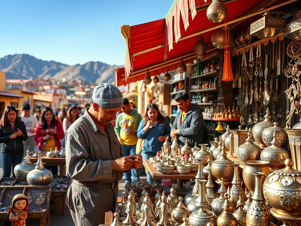 A vibrant market scene showcasing authentic tin crafts from La Paz, Bolivia. In the foreground, a skilled artisan, dressed in modest casual clothing, meticulously shapes a piece of tin into a beautiful decorative object. Surrounding him are colorful stalls displaying an array of tin crafts, including intricate vases, jewelry, and traditional figures, all glimmering under soft, warm daylight. The middle ground features excited shoppers examining the crafts, highlighting the interaction between artisans and customers. The background reveals the charming architecture of La Paz, with distant hills rising against a clear blue sky, creating a lively and inviting atmosphere. The image captures the rich culture and craftsmanship of tin art in La Paz, emphasizing authenticity and vibrant community spirit. A vibrant market scene showcasing authentic tin crafts from La Paz, Bolivia. In the foreground, a skilled artisan, dressed in modest casual clothing, meticulously shapes a piece of tin into a beautiful decorative object. Surrounding him are colorful stalls displaying an array of tin crafts, including intricate vases, jewelry, and traditional figures, all glimmering under soft, warm daylight. The middle ground features excited shoppers examining the crafts, highlighting the interaction between artisans and customers. The background reveals the charming architecture of La Paz, with distant hills rising against a clear blue sky, creating a lively and inviting atmosphere. The image captures the rich culture and craftsmanship of tin art in La Paz, emphasizing authenticity and vibrant community spirit.