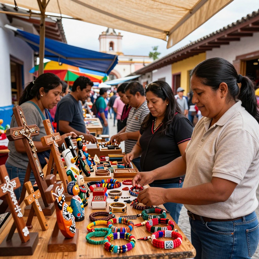 A vibrant marketplace scene filled with various religious items from Guatemala, showcasing beautifully crafted wooden crosses, colorful woven bracelets, and intricately designed ceramic figures. In the foreground, a vendor in modest clothing is arranging goods on a wooden table, smiling at potential customers. The middle ground features shoppers examining items, illuminated by soft natural light filtering through a nearby canopy. The background features colorful market stalls and a glimpse of a traditional church steeple, creating a culturally rich atmosphere. The overall mood is warm and inviting, capturing the essence of a bustling online marketplace for religious articles, emphasizing popular trends and distinctive craftsmanship.