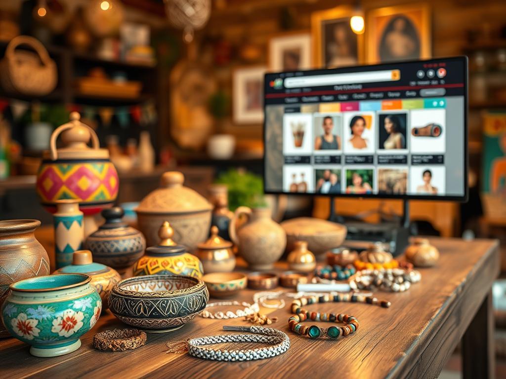 A vibrant online marketplace showcasing a variety of Cuban artisanal products. In the foreground, a wooden table displays hand-crafted items such as colorful pottery, intricate woven baskets, and elegant jewelry, all illuminated by soft, warm lighting that enhances their textures. In the middle ground, a virtual interface shows an engaging layout where consumers can browse various categories of artisanal goods. The background features a cozy home setting, suggesting a comfortable shopping experience. The atmosphere is lively and inviting, with a sense of vibrancy reflecting the rich Cuban culture. Use a slight depth of field to focus on the products, capturing a warm and friendly ambiance, as if inviting viewers to explore and enjoy the unique offerings of a virtual fair.