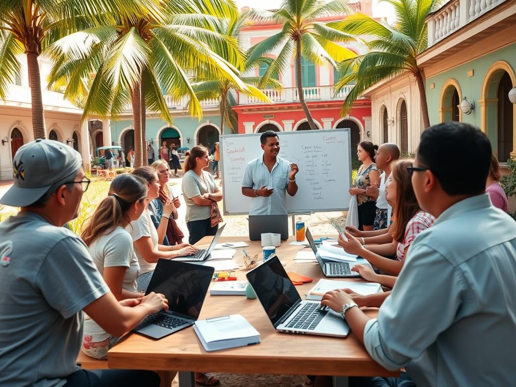 A vibrant outdoor classroom in Cuba, featuring a mix of students engaged in both online and in-person language lessons. In the foreground, a diverse group of tourists, dressed in casual, modest clothing, interact with a friendly, professional Spanish tutor who is demonstrating vocabulary on a whiteboard. The middle ground showcases a large table with laptops, textbooks, and notebooks scattered about, symbolizing both individual and group learning. The background reveals lush palm trees and colorful Cuban architecture, bathed in warm, natural sunlight to create an inviting atmosphere. The image captures a sense of community and cultural exchange, emphasizing a lively and productive learning environment. A slight breeze moves through the scene, enhancing the relaxed yet focused mood. A vibrant outdoor classroom in Cuba, featuring a mix of students engaged in both online and in-person language lessons. In the foreground, a diverse group of tourists, dressed in casual, modest clothing, interact with a friendly, professional Spanish tutor who is demonstrating vocabulary on a whiteboard. The middle ground showcases a large table with laptops, textbooks, and notebooks scattered about, symbolizing both individual and group learning. The background reveals lush palm trees and colorful Cuban architecture, bathed in warm, natural sunlight to create an inviting atmosphere. The image captures a sense of community and cultural exchange, emphasizing a lively and productive learning environment. A slight breeze moves through the scene, enhancing the relaxed yet focused mood.