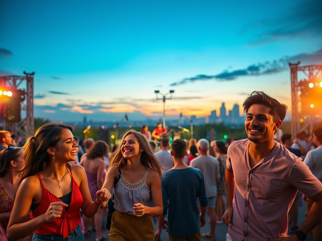 A vibrant outdoor concert scene is captured, highlighting a diverse audience enjoying live music. In the foreground, a group of four friends, dressed in casual yet stylish attire, are dancing and smiling, fully immersed in the experience. In the middle ground, a stage is adorned with colorful lights, with a band energetically performing. Musicians are seen playing guitar, drums, and singing, creating an engaging atmosphere. The background features a beautifully lit sky transitioning from sunset to twilight, with hints of city skyline silhouettes. Soft, warm lighting bathes the scene, creating an inviting and joyful atmosphere. The image is shot from a slightly elevated angle, providing a sweeping view of the entire crowd, capturing the spirit of cultural festivities and the excitement of discovering concerts on streaming platforms. A vibrant outdoor concert scene is captured, highlighting a diverse audience enjoying live music. In the foreground, a group of four friends, dressed in casual yet stylish attire, are dancing and smiling, fully immersed in the experience. In the middle ground, a stage is adorned with colorful lights, with a band energetically performing. Musicians are seen playing guitar, drums, and singing, creating an engaging atmosphere. The background features a beautifully lit sky transitioning from sunset to twilight, with hints of city skyline silhouettes. Soft, warm lighting bathes the scene, creating an inviting and joyful atmosphere. The image is shot from a slightly elevated angle, providing a sweeping view of the entire crowd, capturing the spirit of cultural festivities and the excitement of discovering concerts on streaming platforms.