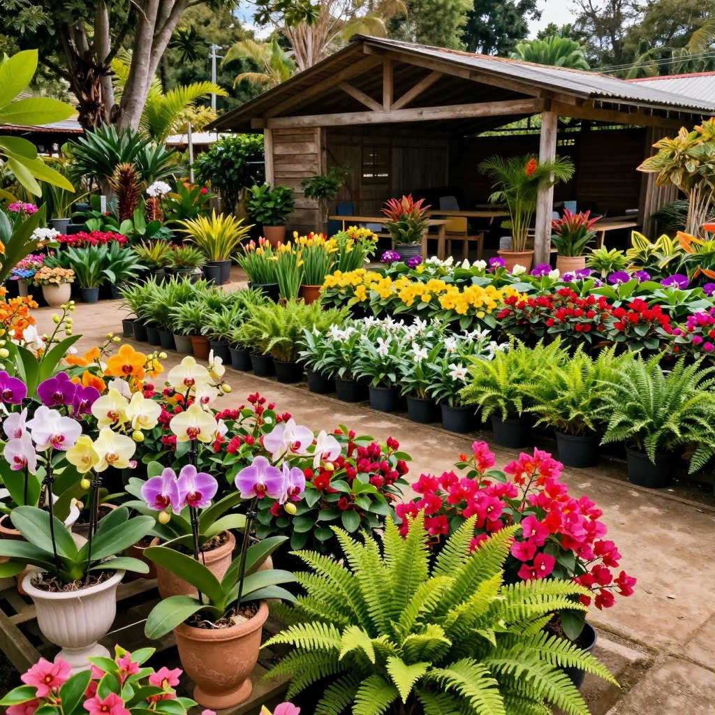 A vibrant plant nursery in Guatemala, showcasing a diverse array of ornamental plants. In the foreground, display an assortment of colorful flowering plants like orchids and bougainvillea in elegant pots, alongside lush green ferns. The middle ground should feature neatly arranged rows of various plants, with healthy greenery and blooming flowers creating an inviting atmosphere. In the background, include a rustic wooden structure symbolizing a local vivero, surrounded by trees and botanical elements typical of Guatemala. Soft, natural sunlight bathes the scene, casting gentle shadows and enhancing the vivid colors, creating a warm and welcoming mood. Capture the image from a slightly elevated angle to encompass the fullness of the nursery. A vibrant plant nursery in Guatemala, showcasing a diverse array of ornamental plants. In the foreground, display an assortment of colorful flowering plants like orchids and bougainvillea in elegant pots, alongside lush green ferns. The middle ground should feature neatly arranged rows of various plants, with healthy greenery and blooming flowers creating an inviting atmosphere. In the background, include a rustic wooden structure symbolizing a local vivero, surrounded by trees and botanical elements typical of Guatemala. Soft, natural sunlight bathes the scene, casting gentle shadows and enhancing the vivid colors, creating a warm and welcoming mood. Capture the image from a slightly elevated angle to encompass the fullness of the nursery.