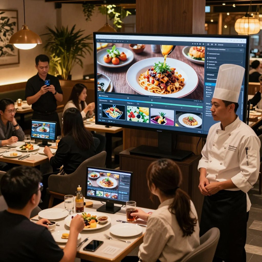 A vibrant restaurant scene showcasing various types of video content displayed on modern screens. In the foreground, a chef in a professional outfit stands proudly next to a large monitor showcasing a beautifully edited food video, highlighting mouthwatering dishes and dynamic plating techniques. The middle ground features tables with patrons enjoying their meals, engaging with video content on smaller screens, while a waitstaff member takes candid shots for social media. The background captures a warm, inviting atmosphere with soft ambient lighting illuminating the space, accentuating the wooden decor and potted plants. Capture this from a slightly elevated angle for a comprehensive view, creating a lively and dynamic ambiance that conveys the importance of video marketing for restaurants. A vibrant restaurant scene showcasing various types of video content displayed on modern screens. In the foreground, a chef in a professional outfit stands proudly next to a large monitor showcasing a beautifully edited food video, highlighting mouthwatering dishes and dynamic plating techniques. The middle ground features tables with patrons enjoying their meals, engaging with video content on smaller screens, while a waitstaff member takes candid shots for social media. The background captures a warm, inviting atmosphere with soft ambient lighting illuminating the space, accentuating the wooden decor and potted plants. Capture this from a slightly elevated angle for a comprehensive view, creating a lively and dynamic ambiance that conveys the importance of video marketing for restaurants.