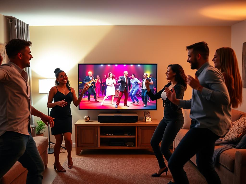 A vibrant salsa/bachata streaming session in a cozy, well-lit living room. In the foreground, a diverse group of four individuals, dressed in smart casual attire, are joyfully dancing together, their movements expressing rhythm and passion. In the middle, a large television screen displays a colorful salsa/bachata music video, with engaging visuals of dancers and musicians. The background features ambient lighting with warm tones, accentuating a lively and inviting atmosphere. Soft shadows fall around the room from a nearby lamp, enhancing the sense of intimacy. The overall mood is energetic and celebratory, capturing the essence of enjoying salsa and bachata music from the comfort of home. A vibrant salsa/bachata streaming session in a cozy, well-lit living room. In the foreground, a diverse group of four individuals, dressed in smart casual attire, are joyfully dancing together, their movements expressing rhythm and passion. In the middle, a large television screen displays a colorful salsa/bachata music video, with engaging visuals of dancers and musicians. The background features ambient lighting with warm tones, accentuating a lively and inviting atmosphere. Soft shadows fall around the room from a nearby lamp, enhancing the sense of intimacy. The overall mood is energetic and celebratory, capturing the essence of enjoying salsa and bachata music from the comfort of home.