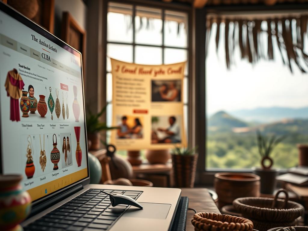A vibrant scene showcasing a digital marketplace for artisan crafts in Cuba. In the foreground, a visually appealing online shop interface displays handcrafted items like colorful pottery, woven textiles, and intricate jewelry, with a mouse cursor hovering over a distinctive item. The middle ground features a warm and welcoming virtual space, with digital banners featuring local artisans’ testimonials and images of them creating their crafts. In the background, a serene Cuban landscape is visible through a large window, bathed in soft, natural lighting that creates a cozy atmosphere. The perspective is slightly angled to draw attention to the rich details of the craftsmanship, enhancing the feeling of exploration and discovery. The mood is inviting and inspiring, celebrating the essence of Cuban culture and creativity.