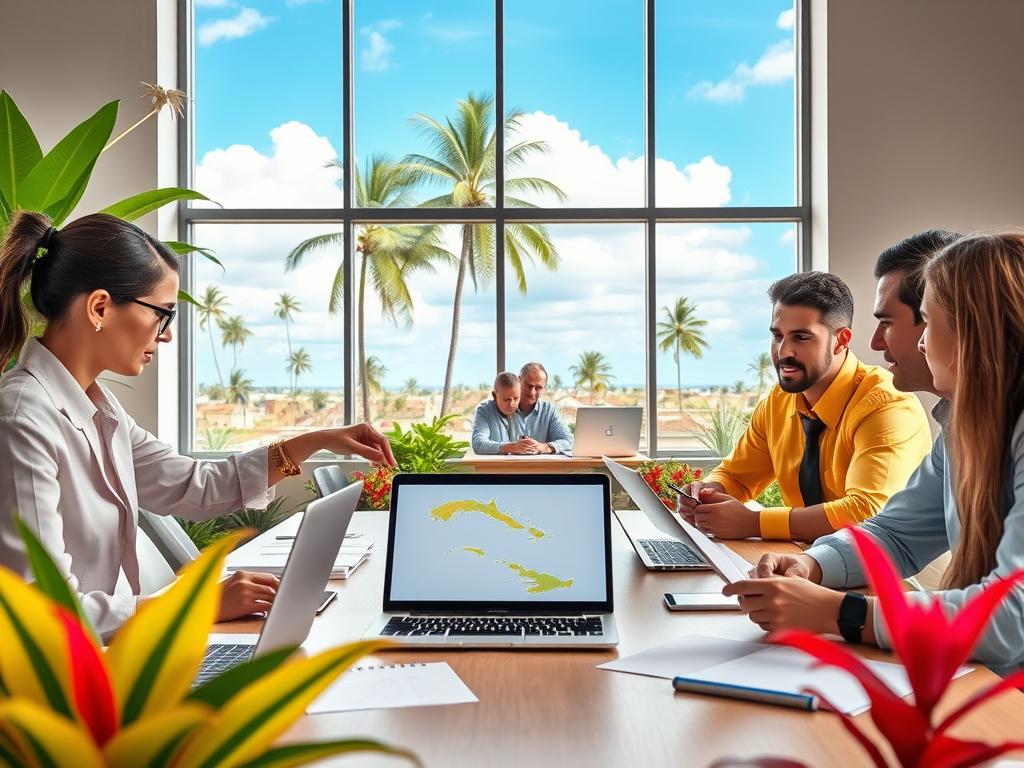 A vibrant scene showcasing a tropical Cuba, featuring a diverse group of professionals in business attire collaborating around a large table filled with laptops, tablets, and paper notes, illustrating a social media strategy discussion. In the foreground, a professional woman is pointing at a digital map of Cuba on a laptop, while a man takes notes beside her. The middle ground displays colorful tropical plants and a mix of Cuban architecture with rustic buildings and palm trees visible through large windows. The background captures a bright blue sky with fluffy clouds, adding a sense of optimism and creativity. Soft, natural lighting illuminates the room, creating an inviting and productive atmosphere. The overall mood is energetic and focused, reflecting teamwork and innovation in social media management for tourism in Cuba. A vibrant scene showcasing a tropical Cuba, featuring a diverse group of professionals in business attire collaborating around a large table filled with laptops, tablets, and paper notes, illustrating a social media strategy discussion. In the foreground, a professional woman is pointing at a digital map of Cuba on a laptop, while a man takes notes beside her. The middle ground displays colorful tropical plants and a mix of Cuban architecture with rustic buildings and palm trees visible through large windows. The background captures a bright blue sky with fluffy clouds, adding a sense of optimism and creativity. Soft, natural lighting illuminates the room, creating an inviting and productive atmosphere. The overall mood is energetic and focused, reflecting teamwork and innovation in social media management for tourism in Cuba.