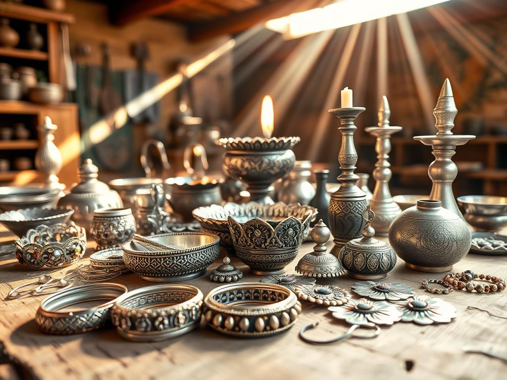 A vibrant scene showcasing a variety of authentic Bolivian silver and tin handicrafts ready for export, arranged aesthetically on a rustic wooden table. In the foreground, focus on intricately designed silver jewelry, including bracelets and earrings. In the middle ground, feature elegant tin crafts like decorative bowls and candle holders, highlighting their unique textures and patterns. The background reveals a warm, inviting workshop with beams of sunlight filtering through, casting soft shadows. The atmosphere is rich and cultural, embodying a sense of craftsmanship and authenticity. The lighting is natural, creating a cozy and professional ambiance. The image should evoke excitement about online shopping and global shipping of these exquisite artisanal products. A vibrant scene showcasing a variety of authentic Bolivian silver and tin handicrafts ready for export, arranged aesthetically on a rustic wooden table. In the foreground, focus on intricately designed silver jewelry, including bracelets and earrings. In the middle ground, feature elegant tin crafts like decorative bowls and candle holders, highlighting their unique textures and patterns. The background reveals a warm, inviting workshop with beams of sunlight filtering through, casting soft shadows. The atmosphere is rich and cultural, embodying a sense of craftsmanship and authenticity. The lighting is natural, creating a cozy and professional ambiance. The image should evoke excitement about online shopping and global shipping of these exquisite artisanal products.