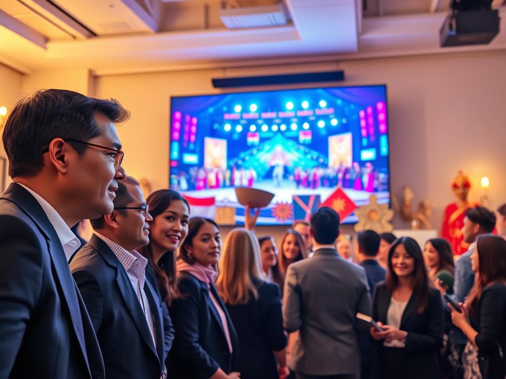 A vibrant scene showing a diverse group of people, dressed in professional business attire, engaging with a large screen displaying a live streaming festival. In the foreground, a man and a woman lean towards the screen, their faces illuminated by the colorful lights of the festival performance. In the middle ground, a variety of cultural decorations, such as flags and art pieces, create a festive atmosphere. The background features a cozy setting, resembling a modern workspace or lounge, with ambient lighting that suggests an exciting yet professional vibe. Capture the energy and anticipation of live streaming cultural festivals, with warm light casting a lively glow, ensuring a dynamic and engaging composition. A vibrant scene showing a diverse group of people, dressed in professional business attire, engaging with a large screen displaying a live streaming festival. In the foreground, a man and a woman lean towards the screen, their faces illuminated by the colorful lights of the festival performance. In the middle ground, a variety of cultural decorations, such as flags and art pieces, create a festive atmosphere. The background features a cozy setting, resembling a modern workspace or lounge, with ambient lighting that suggests an exciting yet professional vibe. Capture the energy and anticipation of live streaming cultural festivals, with warm light casting a lively glow, ensuring a dynamic and engaging composition.
