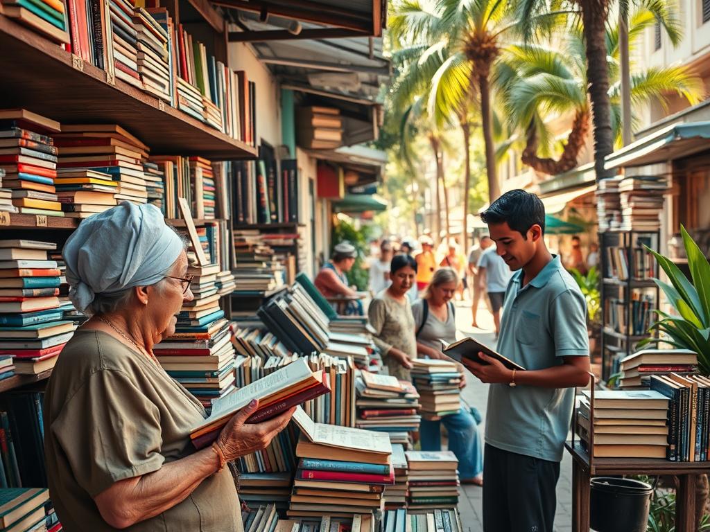 A vibrant street market scene in Cuba, showcasing a cozy second-hand bookstore filled with colorful, worn books stacked on wooden shelves. In the foreground, an elderly woman, dressed in modest casual clothing, carefully inspects a book while a young man browses nearby, both engaged in the joyful act of finding literary treasures. The middle layer features an eclectic mix of books, some with faded covers, surrounded by handmade wooden signs indicating low prices. The background reveals a bustling street with local vendors and tropical plants under warm, dappled sunlight filtering through the trees. The atmosphere is inviting and nostalgic, capturing the charm and accessibility of buying used books in Cuba, with a focus on the community's love for literature. Soft focus on details creates a warm, friendly mood.