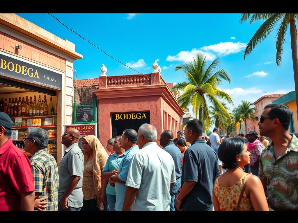 A vibrant street scene in Cuba depicting a lively bodega with a long line of diverse people waiting to purchase rum and cigars. In the foreground, showcase a diverse group of people, including men and women dressed in casual yet modest clothing, engaging in conversation and anticipation. The middle ground features the bodega building with an inviting entrance, while shelves of products are visible through the open door. In the background, capture colorful Cuban architecture and lush palm trees under a bright blue sky, hinting at a tropical atmosphere. Use warm, natural lighting to create a lively, authentic feel, focusing on a slightly low angle to emphasize the bustling scene. The mood is energetic and community-focused, reflecting daily life in Cuban municipalities. A vibrant street scene in Cuba depicting a lively bodega with a long line of diverse people waiting to purchase rum and cigars. In the foreground, showcase a diverse group of people, including men and women dressed in casual yet modest clothing, engaging in conversation and anticipation. The middle ground features the bodega building with an inviting entrance, while shelves of products are visible through the open door. In the background, capture colorful Cuban architecture and lush palm trees under a bright blue sky, hinting at a tropical atmosphere. Use warm, natural lighting to create a lively, authentic feel, focusing on a slightly low angle to emphasize the bustling scene. The mood is energetic and community-focused, reflecting daily life in Cuban municipalities.
