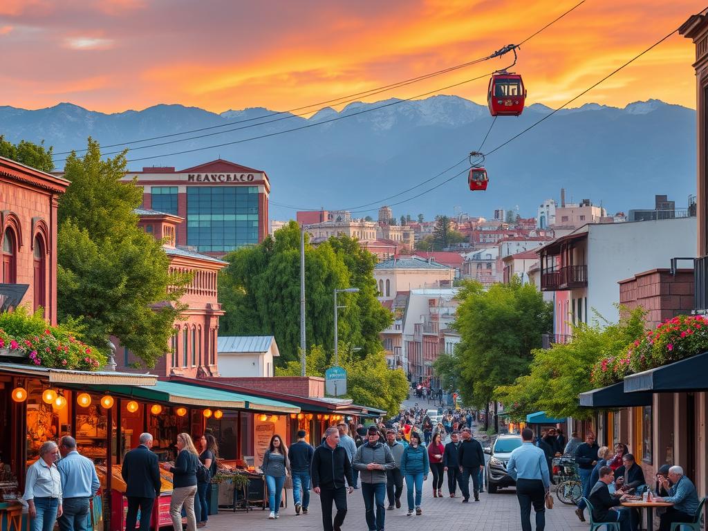 A vibrant urban scene showcasing the beautiful vistas of Sopocachi in La Paz, Bolivia. In the foreground, display a colorful street market with quaint stalls selling local crafts and food, bustling with visitors in professional and casual attire. In the middle ground, include the iconic buildings of the Sopocachi neighborhood, blending modern architecture with traditional Bolivian styles, amidst lush green trees and vibrant flowers. The backdrop should feature the mountainous landscape surrounding La Paz, bathed in warm sunset lighting that creates a golden hour glow. Capture the essence of community life with people enjoying meals at outdoor cafes, and hints of the teleférico cable car gently arching over the city. Use a wide-angle lens for a dynamic perspective, emphasizing the busy street life and scenic beauty. The overall mood should feel inviting, lively, and culturally rich. A vibrant urban scene showcasing the beautiful vistas of Sopocachi in La Paz, Bolivia. In the foreground, display a colorful street market with quaint stalls selling local crafts and food, bustling with visitors in professional and casual attire. In the middle ground, include the iconic buildings of the Sopocachi neighborhood, blending modern architecture with traditional Bolivian styles, amidst lush green trees and vibrant flowers. The backdrop should feature the mountainous landscape surrounding La Paz, bathed in warm sunset lighting that creates a golden hour glow. Capture the essence of community life with people enjoying meals at outdoor cafes, and hints of the teleférico cable car gently arching over the city. Use a wide-angle lens for a dynamic perspective, emphasizing the busy street life and scenic beauty. The overall mood should feel inviting, lively, and culturally rich.