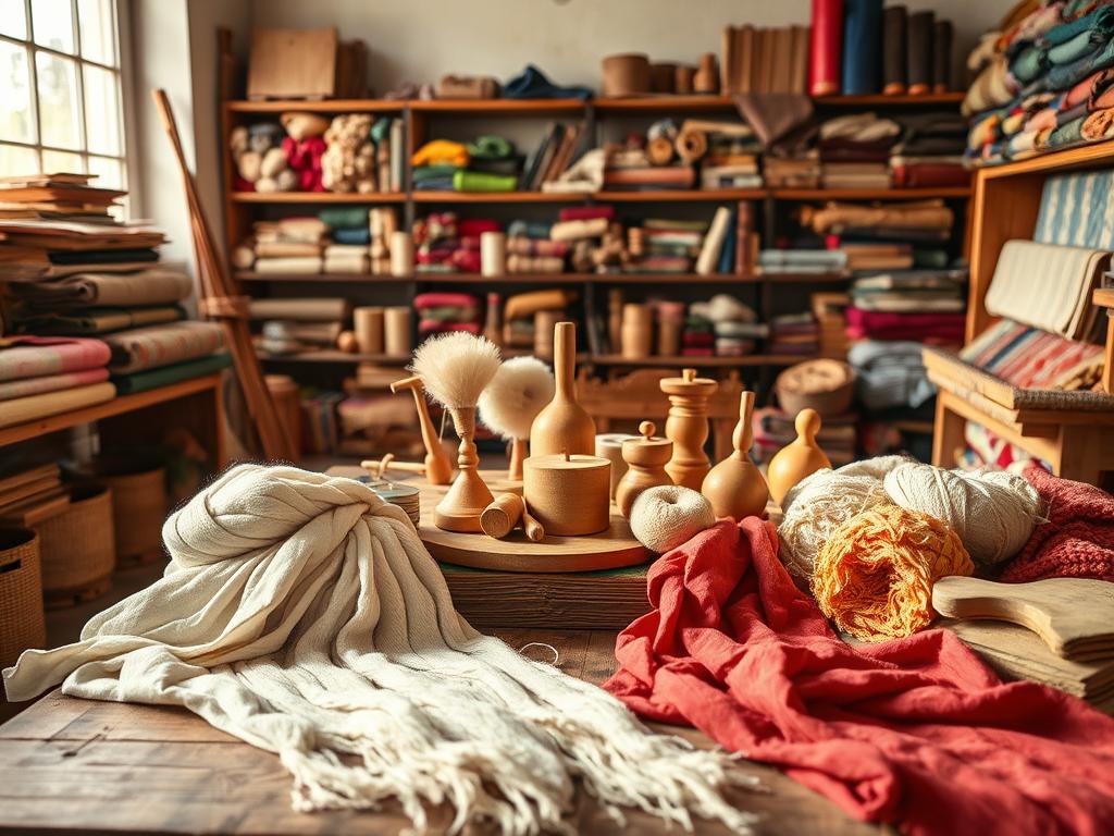A vibrant workshop scene showcasing traditional textile materials, including natural fibers like cotton, wool, and silk, elegantly draped and spread across a rustic wooden table in the foreground. In the middle, artisanal tools such as spindles, looms, and dyes are arranged, highlighting the craftsmanship involved in textile design. The background features a softly lit room with shelves filled with colorful rolls of fabric and vintage books on textile techniques. Warm, natural lighting filters through a window, casting gentle shadows and enhancing the textures of the materials. The atmosphere is warm and inviting, evoking a sense of creativity and tradition in textile design, capturing the essence of quality and artisanal technique without any distractions. A vibrant workshop scene showcasing traditional textile materials, including natural fibers like cotton, wool, and silk, elegantly draped and spread across a rustic wooden table in the foreground. In the middle, artisanal tools such as spindles, looms, and dyes are arranged, highlighting the craftsmanship involved in textile design. The background features a softly lit room with shelves filled with colorful rolls of fabric and vintage books on textile techniques. Warm, natural lighting filters through a window, casting gentle shadows and enhancing the textures of the materials. The atmosphere is warm and inviting, evoking a sense of creativity and tradition in textile design, capturing the essence of quality and artisanal technique without any distractions.
