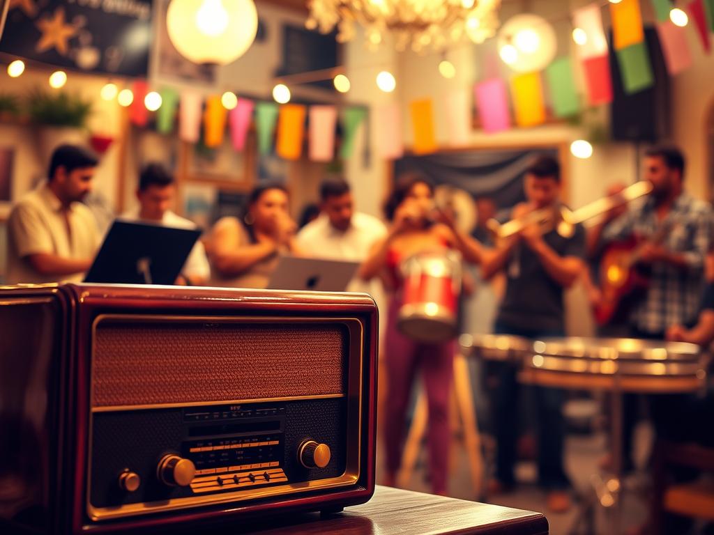 A vintage radio sits prominently in the foreground, displaying a polished wood finish with brass knobs and dials, radiating a warm, nostalgic glow. In the middle ground, musicians are gathered, playing lively salsa and bachata instruments like the piano, congas, and trumpet, showcasing a vibrant sense of community. The background features an inviting atmosphere with subtle decor reminiscent of a lively Latin music venue, adorned with string lights and colorful papel picado. Soft golden lighting creates a warm atmosphere, capturing the energy of live music events. Use a shallow depth of field to focus on the radio and musicians, while the background blurs gently, enhancing the lively mood of community and celebration inherent in salsa and bachata culture. A vintage radio sits prominently in the foreground, displaying a polished wood finish with brass knobs and dials, radiating a warm, nostalgic glow. In the middle ground, musicians are gathered, playing lively salsa and bachata instruments like the piano, congas, and trumpet, showcasing a vibrant sense of community. The background features an inviting atmosphere with subtle decor reminiscent of a lively Latin music venue, adorned with string lights and colorful papel picado. Soft golden lighting creates a warm atmosphere, capturing the energy of live music events. Use a shallow depth of field to focus on the radio and musicians, while the background blurs gently, enhancing the lively mood of community and celebration inherent in salsa and bachata culture.