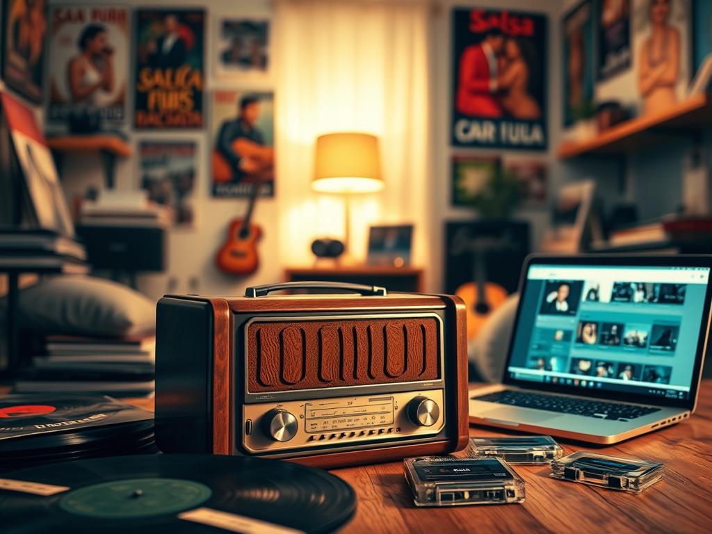 A vintage-style radio sits prominently in the foreground, with intricate wooden details and dials shining. Surrounding it, scattered vinyl records and classic cassette tapes evoke a nostalgic ambiance. In the middle ground, a warm glow emanates from a softly lit room, filled with shelves of music-themed memorabilia, like posters of famous salsa and bachata artists, creating an inviting atmosphere. The background features a softly blurred view of an online music streaming interface on a modern laptop, symbolizing the blend of tradition and technology. The lighting is warm and cozy, reminiscent of a late-night listening session, inviting the viewer into a world of vibrant music culture. The angle is slightly top-down, highlighting the radio's classic charm, emphasizing its central role in enjoying Latin music. A vintage-style radio sits prominently in the foreground, with intricate wooden details and dials shining. Surrounding it, scattered vinyl records and classic cassette tapes evoke a nostalgic ambiance. In the middle ground, a warm glow emanates from a softly lit room, filled with shelves of music-themed memorabilia, like posters of famous salsa and bachata artists, creating an inviting atmosphere. The background features a softly blurred view of an online music streaming interface on a modern laptop, symbolizing the blend of tradition and technology. The lighting is warm and cozy, reminiscent of a late-night listening session, inviting the viewer into a world of vibrant music culture. The angle is slightly top-down, highlighting the radio's classic charm, emphasizing its central role in enjoying Latin music.