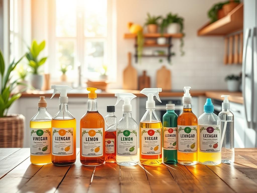 A visually appealing kitchen scene showcasing eco-friendly cleaning products. In the foreground, a wooden table is neatly arranged with a variety of colorful, natural cleaning solutions in glass containers, featuring labels of ingredients like vinegar, lemon, and essential oils. The middle ground features a bright, cheerful kitchen with clean, organic elements, like wooden utensils and plants, emphasizing a sustainable lifestyle. In the background, sunlight streams through the window, casting warm light across the space and creating a fresh, inviting atmosphere. The overall mood is calm and homey, reflecting the importance of choosing eco-conscious cleaning products for home, clothing, and kitchen cleanliness. The camera angle is slightly overhead to capture the entire arrangement beautifully. A visually appealing kitchen scene showcasing eco-friendly cleaning products. In the foreground, a wooden table is neatly arranged with a variety of colorful, natural cleaning solutions in glass containers, featuring labels of ingredients like vinegar, lemon, and essential oils. The middle ground features a bright, cheerful kitchen with clean, organic elements, like wooden utensils and plants, emphasizing a sustainable lifestyle. In the background, sunlight streams through the window, casting warm light across the space and creating a fresh, inviting atmosphere. The overall mood is calm and homey, reflecting the importance of choosing eco-conscious cleaning products for home, clothing, and kitchen cleanliness. The camera angle is slightly overhead to capture the entire arrangement beautifully.