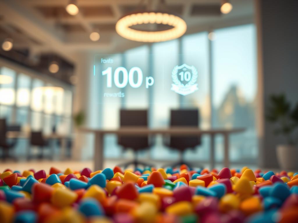 A visually engaging representation of a points system, focusing on the concept of "points." In the foreground, depict a collection of brightly colored points, varying in size and shape, scattered elegantly. In the middle, illustrate a sleek digital display showing numerical values like "100 points" and symbols representing different rewards. The background should feature a soft, blurred office environment with light coming from a large window, creating a warm and inviting atmosphere. Use a shallow depth of field to emphasize the points and display while keeping the background slightly out of focus. The overall mood should convey enthusiasm and motivation, suggesting a rewarding experience. A visually engaging representation of a points system, focusing on the concept of "points." In the foreground, depict a collection of brightly colored points, varying in size and shape, scattered elegantly. In the middle, illustrate a sleek digital display showing numerical values like "100 points" and symbols representing different rewards. The background should feature a soft, blurred office environment with light coming from a large window, creating a warm and inviting atmosphere. Use a shallow depth of field to emphasize the points and display while keeping the background slightly out of focus. The overall mood should convey enthusiasm and motivation, suggesting a rewarding experience.