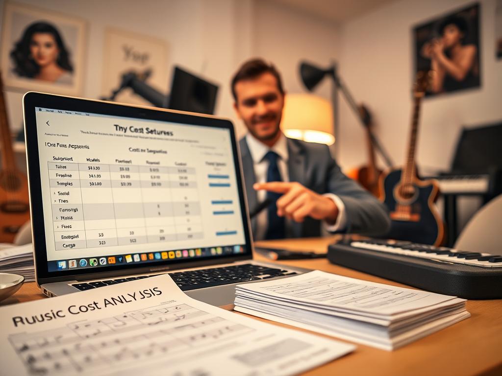 A visually engaging scene depicting a cost analysis for an online music course. In the foreground, a professional-looking laptop displays spreadsheets and graphs about subscription models, one-time payments, and free options. Beside it, neatly stacked sheets of paper with music notes and budget outlines. In the middle, a well-dressed instructor in business casual attire is pointing at the screen, appearing focused and engaged. The background features a softly blurred home office with musical instruments, such as a guitar and keyboard, adding a creative flair. The lighting is warm and inviting, coming from a desk lamp that casts a soft glow, creating a productive atmosphere. A medium shot captures the essence of a thoughtful planning session for a digital music education platform. A visually engaging scene depicting a cost analysis for an online music course. In the foreground, a professional-looking laptop displays spreadsheets and graphs about subscription models, one-time payments, and free options. Beside it, neatly stacked sheets of paper with music notes and budget outlines. In the middle, a well-dressed instructor in business casual attire is pointing at the screen, appearing focused and engaged. The background features a softly blurred home office with musical instruments, such as a guitar and keyboard, adding a creative flair. The lighting is warm and inviting, coming from a desk lamp that casts a soft glow, creating a productive atmosphere. A medium shot captures the essence of a thoughtful planning session for a digital music education platform.