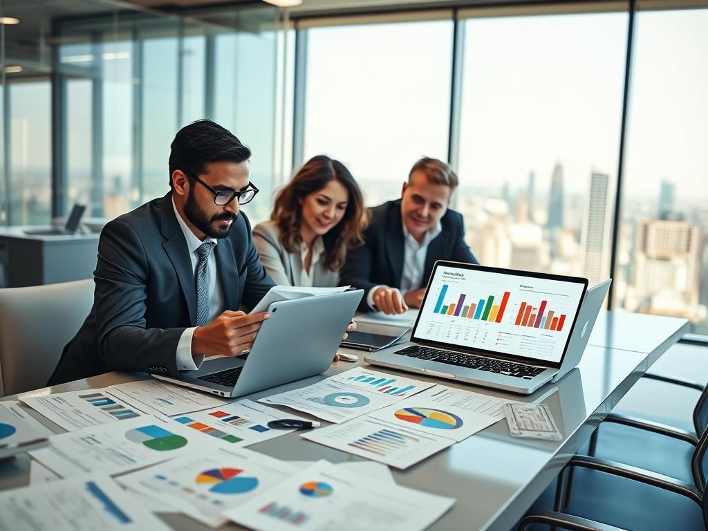 A visually engaging scene depicting a diverse group of four individuals, representing various age groups and ethnicities, collaborating at a sleek modern desk covered with laptops, charts, and survey forms. In the foreground, one individual, dressed in professional business attire, intently reviews a survey on a tablet, while another points to a colorful chart displayed on a laptop screen. The middle ground features sheets of paper with graphs and statistics scattered around, creating an atmosphere of active participation and research. In the background, a bright and airy office space with large windows showcasing a city skyline illuminates the scene with natural light. The mood is dynamic and collaborative, underlining the concept of gathering insights through surveys in a professional setting.