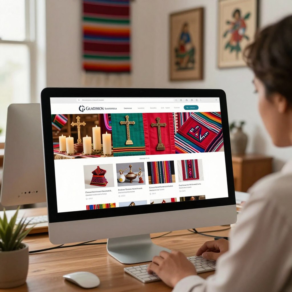 A visually engaging scene depicting a modern online store interface focused on religious items from Guatemala. In the foreground, a computer screen showcases a user-friendly website featuring colorful images of traditional religious artifacts like candles, crosses, and textiles, displayed neatly. The middle ground incorporates a warm, inviting workspace with a modestly dressed person in professional attire engaging with the site. The background includes subtle elements of Guatemalan culture, like a decorative woven cloth and artwork, enhancing the atmosphere of a cultural online shopping experience. Soft, natural lighting filters in from a window, creating a cozy and professional mood, with a focal length that emphasizes the interaction with the computer screen.
