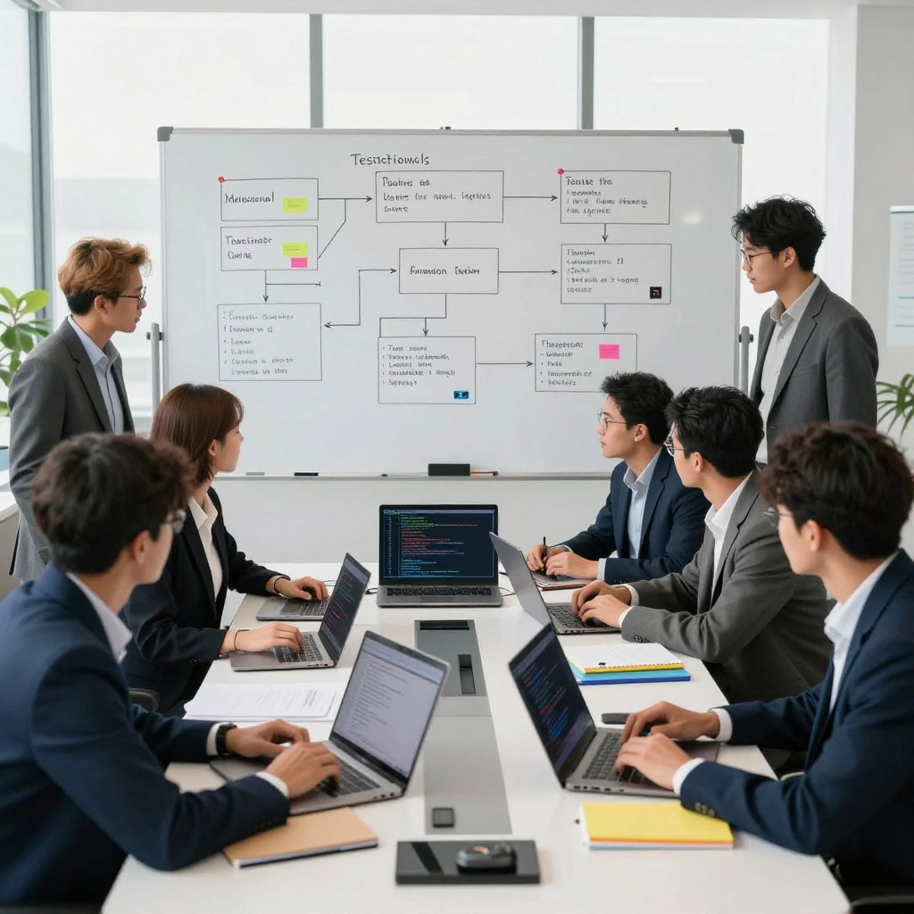 A visually striking image depicting a modern software testing scenario. In the foreground, a diverse group of developers, dressed in professional business attire, are collaborating around a sleek conference table filled with laptops, digital devices, and colorful notebooks. The middle ground features a large whiteboard covered in diagrams and flowcharts illustrating test cases and scenarios, emphasizing the transition from manual to automated processes. The background includes large windows allowing natural light to flood the room, creating a bright and inviting atmosphere. Subtle hints of technology, like coding on screens and tech gadgets, add to the scene. The overall mood is focused and innovative, embodying teamwork and forward-thinking in app testing. The image should be composed with a slight upward angle, highlighting the collaborative energy of the group. A visually striking image depicting a modern software testing scenario. In the foreground, a diverse group of developers, dressed in professional business attire, are collaborating around a sleek conference table filled with laptops, digital devices, and colorful notebooks. The middle ground features a large whiteboard covered in diagrams and flowcharts illustrating test cases and scenarios, emphasizing the transition from manual to automated processes. The background includes large windows allowing natural light to flood the room, creating a bright and inviting atmosphere. Subtle hints of technology, like coding on screens and tech gadgets, add to the scene. The overall mood is focused and innovative, embodying teamwork and forward-thinking in app testing. The image should be composed with a slight upward angle, highlighting the collaborative energy of the group.