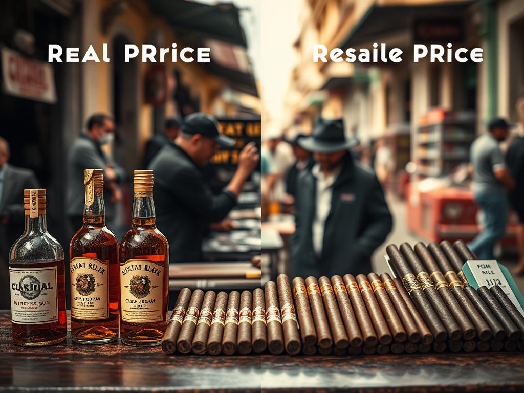 A visually striking image depicting a split scene reflecting "real prices" versus "resale prices" in the context of Cuban rum and cigars. In the foreground, a well-organized table featuring authentic Cuban rum bottles and hand-rolled cigars, meticulously labeled with their actual prices. In the middle, a contrasting section displaying a chaotic marketplace atmosphere, with shady dealers and price tags marked with inflated resale prices. The background should show a soft-focus market street in Havana, capturing the vibrant and colorful architecture of the city. Soft, warm natural lighting to evoke a sense of nostalgia and urgency. The overall mood should be tense yet reflective, illustrating the disparity in pricing that fuels the black market. Focus on clarity and detail, ensuring a polished, professional look. A visually striking image depicting a split scene reflecting "real prices" versus "resale prices" in the context of Cuban rum and cigars. In the foreground, a well-organized table featuring authentic Cuban rum bottles and hand-rolled cigars, meticulously labeled with their actual prices. In the middle, a contrasting section displaying a chaotic marketplace atmosphere, with shady dealers and price tags marked with inflated resale prices. The background should show a soft-focus market street in Havana, capturing the vibrant and colorful architecture of the city. Soft, warm natural lighting to evoke a sense of nostalgia and urgency. The overall mood should be tense yet reflective, illustrating the disparity in pricing that fuels the black market. Focus on clarity and detail, ensuring a polished, professional look.