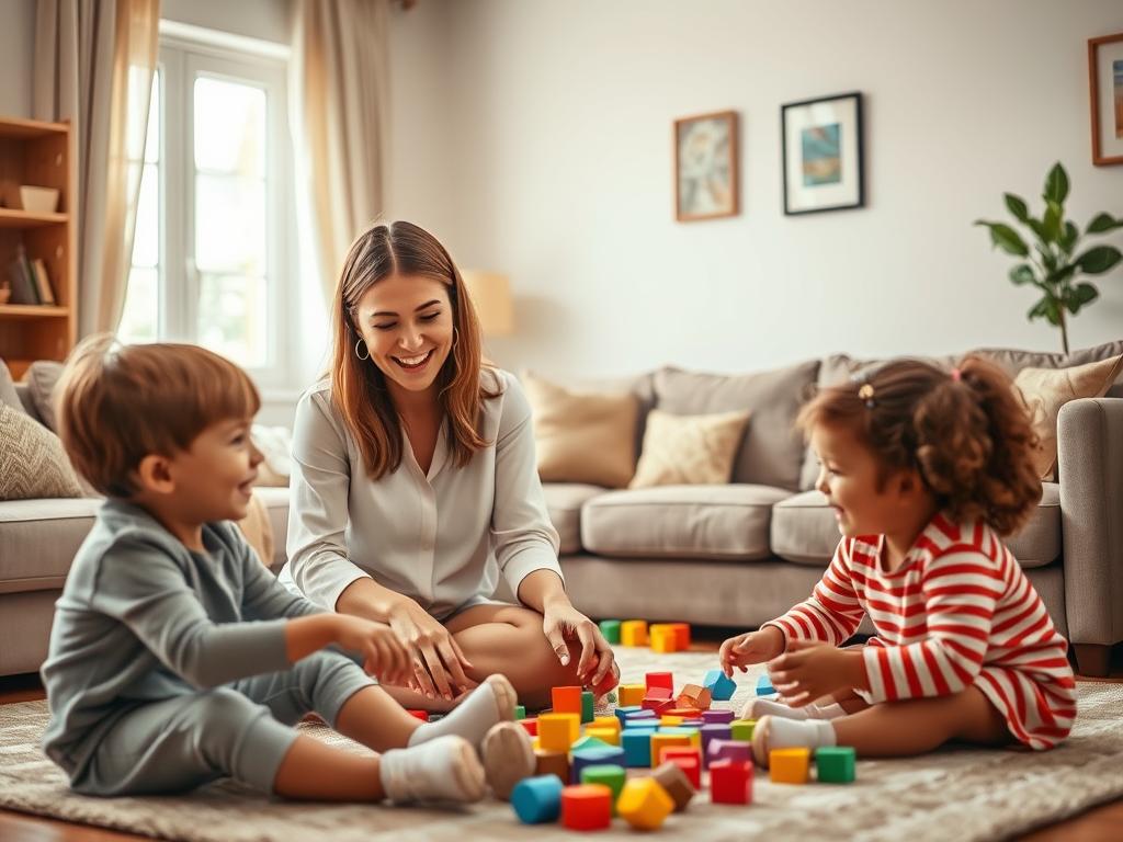 A warm and inviting scene featuring a professional and caring female nanny in a charming living room. In the foreground, the nanny, dressed in modest casual clothing, plays with two young children, showcasing her engaging personality. The children are smiling and laughing, creating a sense of joy and connection. In the middle background, colorful toys are scattered around, adding to the playful atmosphere. Soft, natural light flows in from a nearby window, casting a gentle glow over the scene, enhancing the warmth and comfort. The background features tasteful and cozy decor, making the space feel welcoming. The overall mood is friendly and professional, ideal for illustrating the importance of first impressions in securing babysitting jobs.