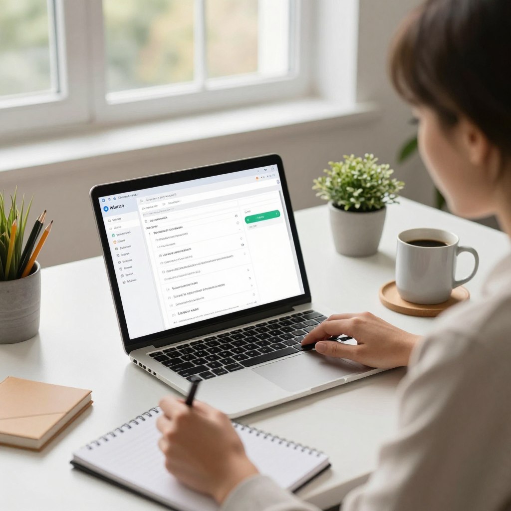 A well-organized workspace featuring a laptop open to a task management application displaying various microtask options. In the foreground, a focused freelancer in professional attire is reviewing the tasks on the screen, taking notes on a notepad. The middle ground shows a bright desk adorned with stationery, a coffee mug, and a small potted plant, suggesting a vibrant working environment. In the background, a large window allows soft, natural light to fill the room, casting gentle shadows and creating an inviting atmosphere. The overall mood is one of productivity and empowerment, emphasizing thoughtful decision-making in choosing tasks wisely. Use a warm color palette with clear focus on the laptop and the dedicated freelancer, shot from a slightly elevated angle for depth. A well-organized workspace featuring a laptop open to a task management application displaying various microtask options. In the foreground, a focused freelancer in professional attire is reviewing the tasks on the screen, taking notes on a notepad. The middle ground shows a bright desk adorned with stationery, a coffee mug, and a small potted plant, suggesting a vibrant working environment. In the background, a large window allows soft, natural light to fill the room, casting gentle shadows and creating an inviting atmosphere. The overall mood is one of productivity and empowerment, emphasizing thoughtful decision-making in choosing tasks wisely. Use a warm color palette with clear focus on the laptop and the dedicated freelancer, shot from a slightly elevated angle for depth.