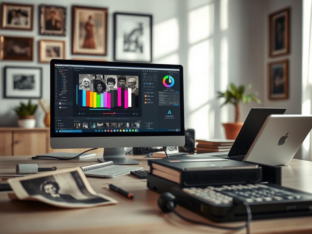 A workspace showcasing various photo restoration tools and software in a well-lit, modern setting. In the foreground, a computer screen displays an open photo editing software with vibrant restoration tools highlighted, including sliders for color adjustment and a brush tool for retouching. Scattered around the desk are physical items such as an old, worn-out photograph, a laptop, and external hard drives filled with digital archives. In the background, a soft focus on a wall features framed artwork, creating a warm atmosphere. The lighting is soft and inviting, suggesting a creative environment perfect for editing. The image evokes a mood of professionalism and creativity, reflecting the essence of photo restoration work in Cuba without any text or branding. A workspace showcasing various photo restoration tools and software in a well-lit, modern setting. In the foreground, a computer screen displays an open photo editing software with vibrant restoration tools highlighted, including sliders for color adjustment and a brush tool for retouching. Scattered around the desk are physical items such as an old, worn-out photograph, a laptop, and external hard drives filled with digital archives. In the background, a soft focus on a wall features framed artwork, creating a warm atmosphere. The lighting is soft and inviting, suggesting a creative environment perfect for editing. The image evokes a mood of professionalism and creativity, reflecting the essence of photo restoration work in Cuba without any text or branding.