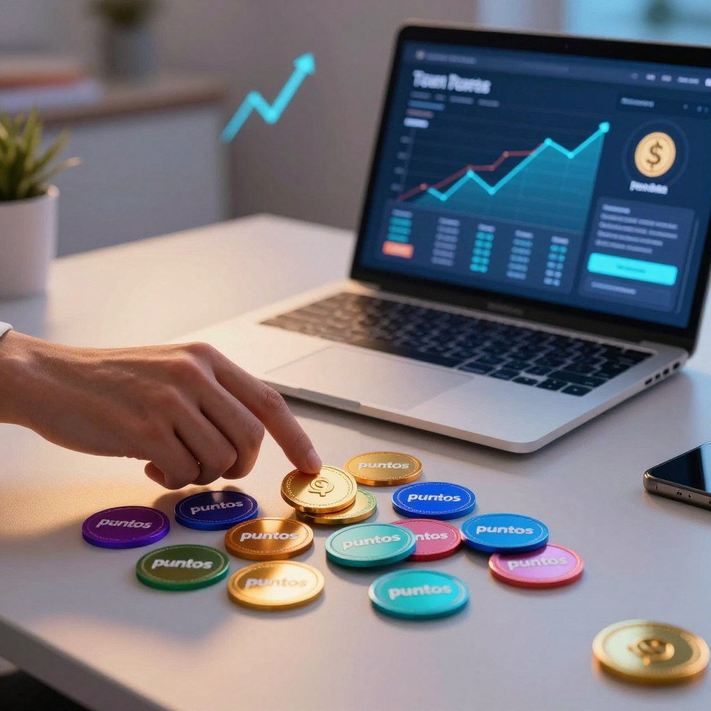 An array of colorful, digital tokens symbolizing 'puntos' scattered across a sleek, modern desk. In the foreground, a hand reaches out to select a shiny golden point, representing value. The middle ground features a laptop open to a vibrant dashboard displaying points and rewards, enhancing the theme of online surveys. The background softly blurs with abstract graphs and digital currency symbols, suggesting growth and opportunity in financial rewards. Ambient lighting casts a warm glow over the scene, creating a motivational atmosphere. The composition is photographed from a slightly elevated angle, providing depth and focus on the interactive experience of earning rewards with LifePoints.
