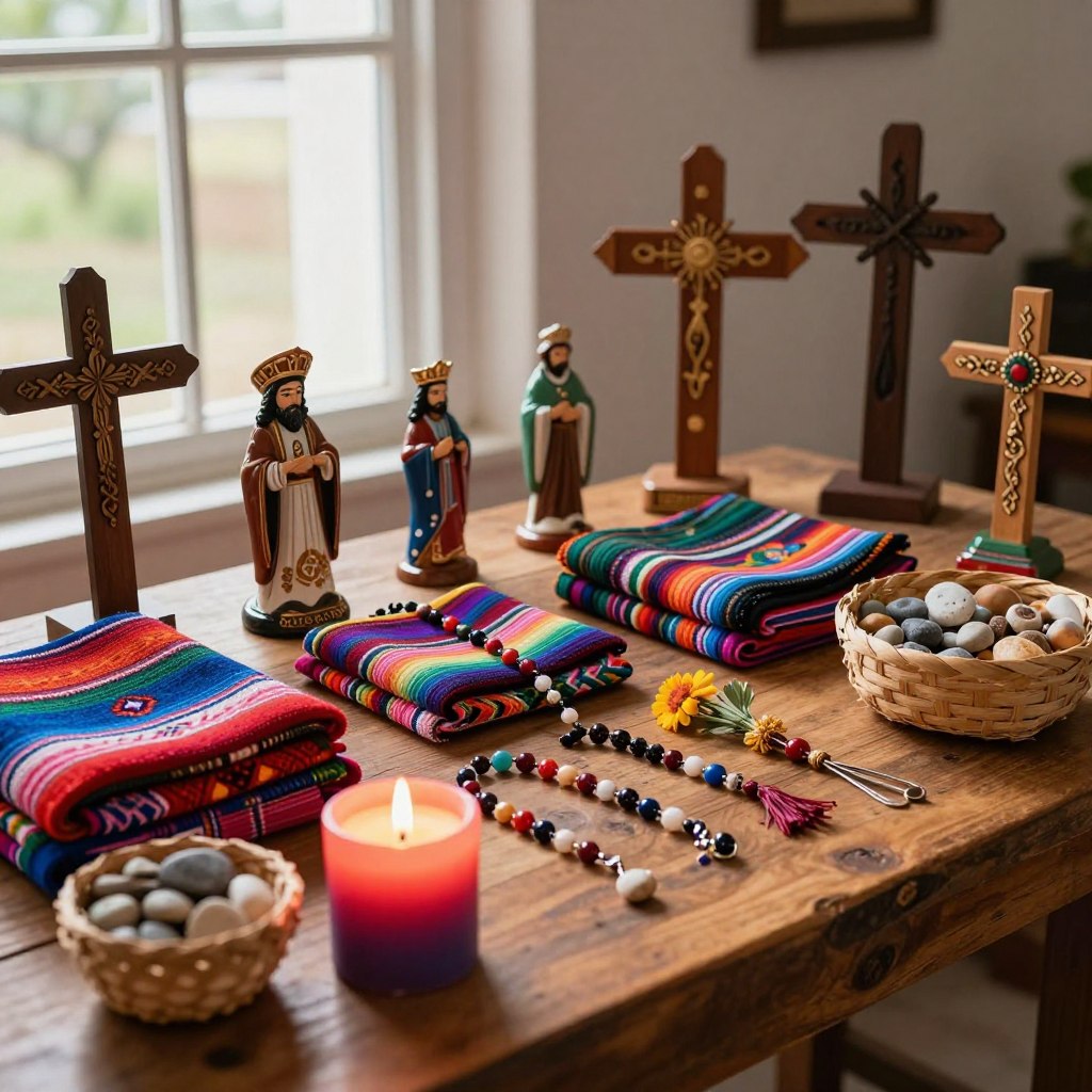 An array of religious products displayed elegantly on a rustic wooden table, focusing on artisan-crafted items like colorful Guatemalan textiles featuring traditional Mayan patterns, ornate ceramic figurines of saints, and intricately designed wooden crosses. In the foreground, a vibrant candle with warm light flickering next to a woven basket filled with small prayer stones. In the middle ground, neatly arranged colorful rosaries intertwined with dried flowers create a sense of spirituality. The background shows soft, natural lighting filtering through a window, casting gentle shadows and creating a serene atmosphere. The overall mood is inviting and reverent, emphasizing the rich cultural heritage of religious articles in Guatemala.