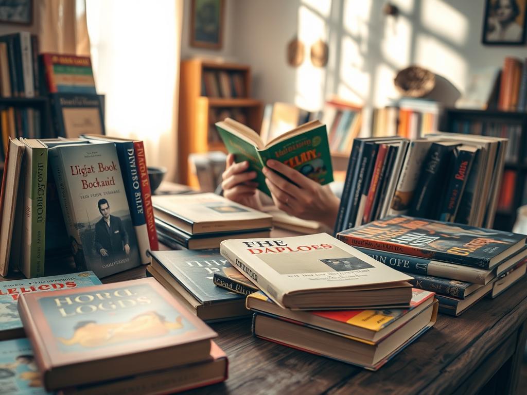 An assortment of used books displayed invitingly on a rustic wooden table. In the foreground, several colorful book covers, some slightly worn, feature various genres including fiction, non-fiction, and children's literature. In the middle ground, a pair of hands thoughtfully examines a well-loved book, highlighting the tactile aspect of used books. The background showcases a cozy, sunlit room with soft, warm lighting filtering through sheer curtains, casting gentle shadows on the walls. The atmosphere feels welcoming and nostalgic, invoking a sense of discovery and affordability. The lens perspective captures the scene from a slight angle above, emphasizing the details of the books and the inviting environment.