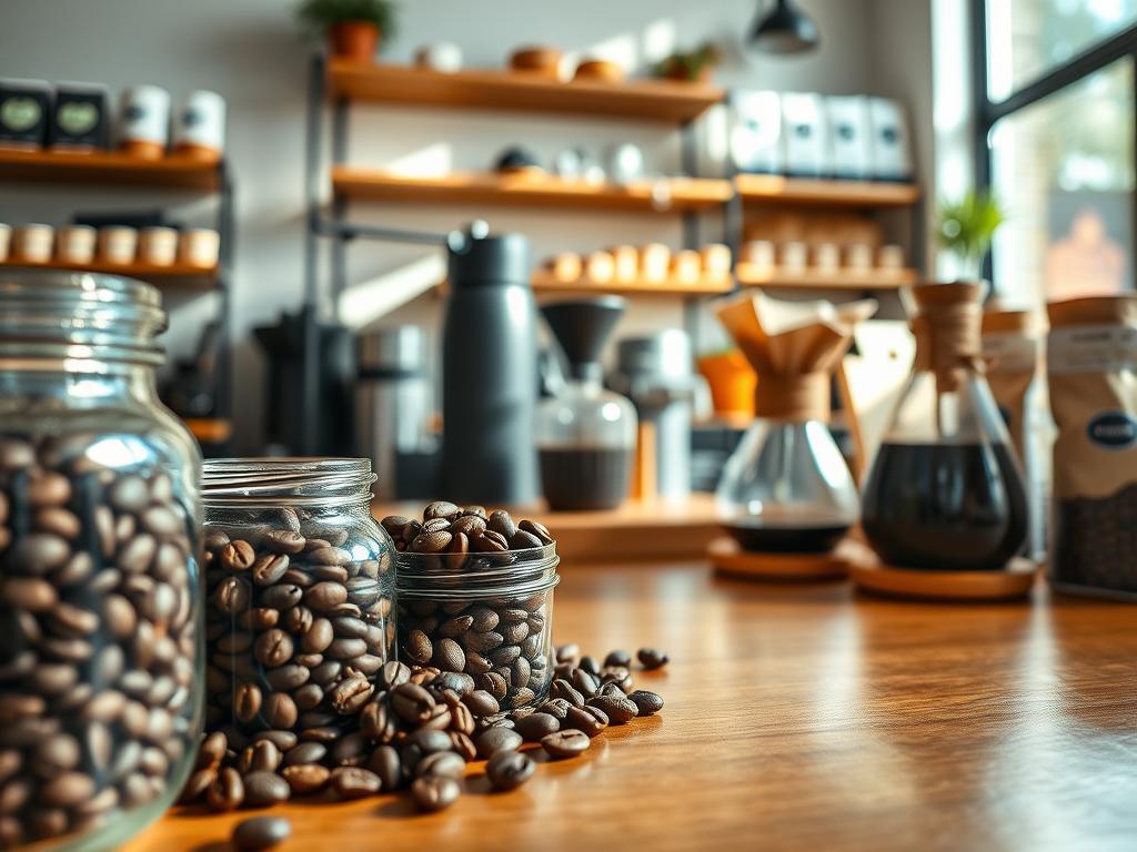 A beautifully arranged café scene showcasing various types of coffee beans in glass jars, prominently featuring dark, roasted coffee beans in the foreground. The middle layer includes a polished wooden counter with a stylish grinder and a Chemex coffee maker, hinting at an artisanal coffee preparation method. In the background, soft-focus shelves hold coffee capsules and bags of ground coffee, creating an inviting atmosphere. Natural light streams in through a large window, casting warm highlights on the rich textures of the wood and glass. The mood is cozy and welcoming, perfect for coffee enthusiasts making decisions about their preferred brew method. Aim for a high-resolution image with sharp focus on the foreground elements, capturing the essence of high-quality coffee. A beautifully arranged café scene showcasing various types of coffee beans in glass jars, prominently featuring dark, roasted coffee beans in the foreground. The middle layer includes a polished wooden counter with a stylish grinder and a Chemex coffee maker, hinting at an artisanal coffee preparation method. In the background, soft-focus shelves hold coffee capsules and bags of ground coffee, creating an inviting atmosphere. Natural light streams in through a large window, casting warm highlights on the rich textures of the wood and glass. The mood is cozy and welcoming, perfect for coffee enthusiasts making decisions about their preferred brew method. Aim for a high-resolution image with sharp focus on the foreground elements, capturing the essence of high-quality coffee.