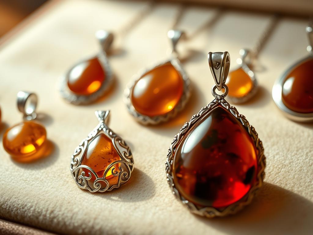 A beautifully arranged display of 925 silver pendant jewelry featuring cognac amber, elegantly showcased on a soft, neutral-colored velvet background. The pendants vary in shape and design, highlighting the unique hues and textures of the amber stones. The foreground focuses on a prominent pendant, capturing intricate details such as filigree work and reflections of light, emphasizing the craftsmanship. In the middle ground, additional pieces are softly blurred, maintaining focus on the primary pendant while creating depth. The lighting is warm and inviting, casting gentle highlights and shadows that enhance the amber's rich color. This serene and elegant atmosphere evokes a sense of sophistication and timeless beauty, perfect for showcasing high-quality jewelry collections.