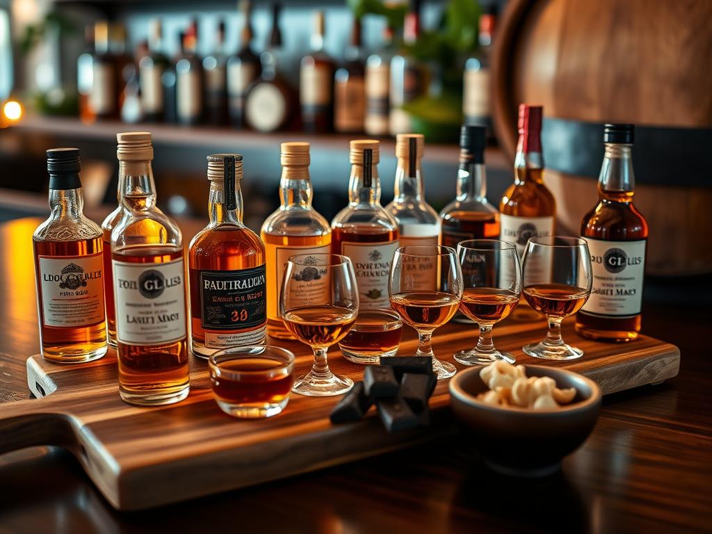 A beautifully arranged display of "kits de degustación sets" showcasing a variety of artisanal rums. In the foreground, focus on a wooden serving board, adorned with small glass bottles of different rum varieties, each with elegant labels. Accompany the bottles with tasting glasses filled with golden liquid, reflecting warm, ambient lighting. In the middle ground, include artisanal chocolates and snack pairings to enhance the tasting experience, presented in rustic bowls. The background should feature a softly blurred bar or shelf with additional rum bottles and decorative elements, like tropical leaves or an oak barrel, creating a cozy and inviting atmosphere. Use warm, soft lighting to evoke a sense of indulgence and relaxation, captured from a slightly elevated angle to provide depth. A beautifully arranged display of "kits de degustación sets" showcasing a variety of artisanal rums. In the foreground, focus on a wooden serving board, adorned with small glass bottles of different rum varieties, each with elegant labels. Accompany the bottles with tasting glasses filled with golden liquid, reflecting warm, ambient lighting. In the middle ground, include artisanal chocolates and snack pairings to enhance the tasting experience, presented in rustic bowls. The background should feature a softly blurred bar or shelf with additional rum bottles and decorative elements, like tropical leaves or an oak barrel, creating a cozy and inviting atmosphere. Use warm, soft lighting to evoke a sense of indulgence and relaxation, captured from a slightly elevated angle to provide depth.