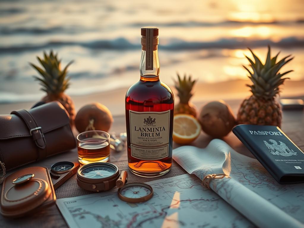 A beautifully arranged flat lay of travel-themed gift ideas for rum enthusiasts, featuring a handcrafted artisanal rum bottle at the center, surrounded by travel accessories like a vintage compass, a stylish leather passport holder, and a world map partially rolled out. Include small rum glassware reflecting light, and a few tropical fruits like pineapples and coconuts to evoke a vacation vibe. The background should have a soft-focus beach scene with gentle waves under a warm sunset glow, enhancing the idea of adventure and celebration. Use natural light to create a warm, inviting atmosphere, shot with a shallow depth of field to emphasize the details of the gifts. A beautifully arranged flat lay of travel-themed gift ideas for rum enthusiasts, featuring a handcrafted artisanal rum bottle at the center, surrounded by travel accessories like a vintage compass, a stylish leather passport holder, and a world map partially rolled out. Include small rum glassware reflecting light, and a few tropical fruits like pineapples and coconuts to evoke a vacation vibe. The background should have a soft-focus beach scene with gentle waves under a warm sunset glow, enhancing the idea of adventure and celebration. Use natural light to create a warm, inviting atmosphere, shot with a shallow depth of field to emphasize the details of the gifts.