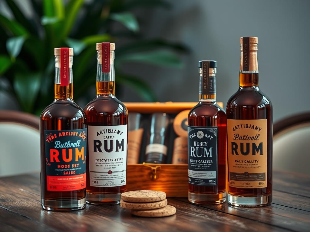 A beautifully arranged gift display featuring artisanal rum bottles with personalized labels. In the foreground, focus on a couple of elegant rum bottles, each adorned with unique, custom-designed labels showcasing vibrant colors and stylish typography. Beside them, a small wooden box filled with lovingly crafted gift sets, including glasses and cork coasters, emphasizes the personal touch. In the middle, a rustic wooden table with a soft, warm lighting casts a cozy glow, creating a welcoming atmosphere. In the background, blurred hints of lush green plants softly frame the scene, adding a touch of nature. The entire image radiates a sense of warmth, creativity, and thoughtfulness, ideal for a gift celebrating friendships and family connections. A beautifully arranged gift display featuring artisanal rum bottles with personalized labels. In the foreground, focus on a couple of elegant rum bottles, each adorned with unique, custom-designed labels showcasing vibrant colors and stylish typography. Beside them, a small wooden box filled with lovingly crafted gift sets, including glasses and cork coasters, emphasizes the personal touch. In the middle, a rustic wooden table with a soft, warm lighting casts a cozy glow, creating a welcoming atmosphere. In the background, blurred hints of lush green plants softly frame the scene, adding a touch of nature. The entire image radiates a sense of warmth, creativity, and thoughtfulness, ideal for a gift celebrating friendships and family connections.