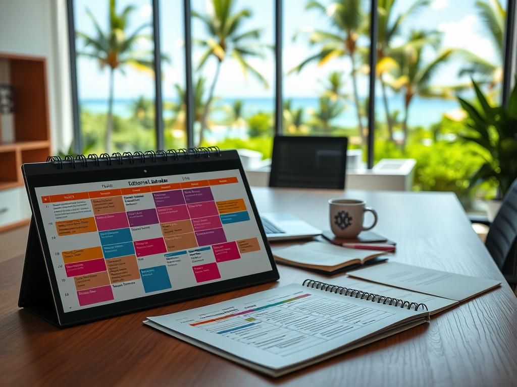 A beautifully organized editorial calendar displayed prominently on a sleek wooden desk in a modern office environment. In the foreground, the calendar features colorful tabs and digital icons representing various content formats like articles, videos, and social media posts. The middle layer includes a laptop with an open spreadsheet displaying scheduling details and analytics, alongside a stylish coffee mug and a notepad filled with brainstorming notes. In the background, a large window showcases a scenic view of a tropical resort, with lush greenery and a bright blue sky, creating a sense of tranquility. Soft, natural lighting filters in, enhancing the professional yet relaxed atmosphere, perfect for strategic planning in digital marketing for resorts. The lens perspective should create depth, focusing on the calendar while softly blurring the background.