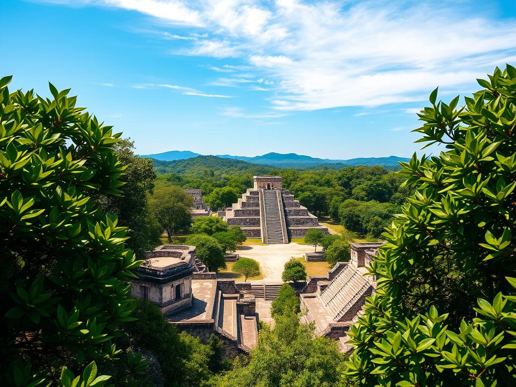 A breathtaking overview of the Copán archaeological site set against a clear blue sky. In the foreground, lush green foliage frames ancient stone structures adorned with intricate carvings, capturing the essence of Mayan civilization. The middle ground reveals a detailed depiction of the main plaza, with prominent temples and stairways leading up to them, enveloped by vibrant flora. In the background, rolling hills hint at the surrounding jungle, enhancing the site's natural beauty. The scene is illuminated by soft, warm sunlight, casting gentle shadows that accentuate the textures of the stone. A slight aerial perspective adds depth, inviting viewers to immerse themselves in this historical journey. The atmosphere is serene and awe-inspiring, evoking curiosity and reverence for the past.