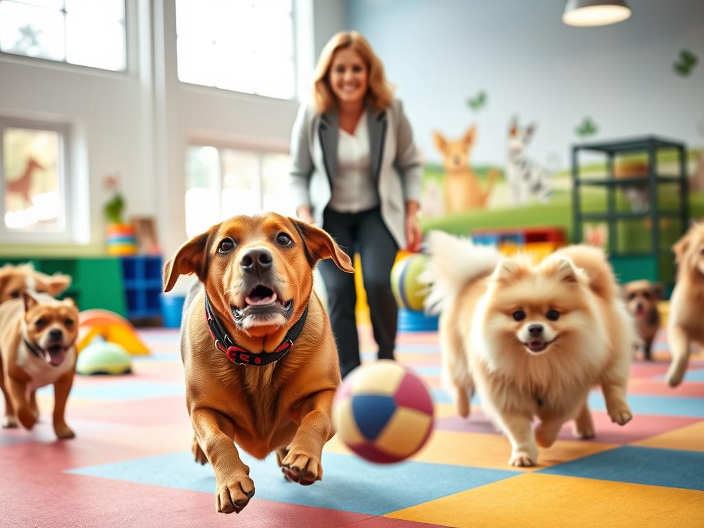 A bright, cheerful day care for pets, focusing on dogs of various breeds playing joyfully in a spacious, colorful indoor area filled with toys. In the foreground, a friendly Labrador retriever fetches a ball while a fluffy Pomeranian chases after it, showcasing their vibrant personalities. In the middle, a dedicated instructor, dressed in a smart casual outfit, watches over the pets with a warm smile, ensuring safety and engagement. The background features bright windows allowing natural daylight to flood the room, with a playful mural of animals on the walls. The atmosphere is lively and fun, capturing the essence of a safe and nurturing environment for pets. Illuminate the scene with soft, diffused lighting to enhance the inviting mood. A bright, cheerful day care for pets, focusing on dogs of various breeds playing joyfully in a spacious, colorful indoor area filled with toys. In the foreground, a friendly Labrador retriever fetches a ball while a fluffy Pomeranian chases after it, showcasing their vibrant personalities. In the middle, a dedicated instructor, dressed in a smart casual outfit, watches over the pets with a warm smile, ensuring safety and engagement. The background features bright windows allowing natural daylight to flood the room, with a playful mural of animals on the walls. The atmosphere is lively and fun, capturing the essence of a safe and nurturing environment for pets. Illuminate the scene with soft, diffused lighting to enhance the inviting mood.