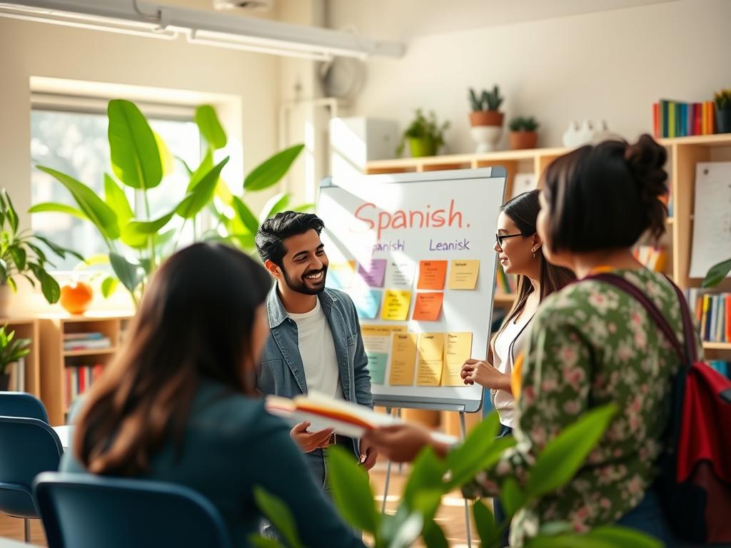 A bright, inviting classroom scene featuring a diverse group of international students engaged in a Spanish tutoring session. In the foreground, a knowledgeable tutor, a middle-aged Dominican woman in professional attire, enthusiastically helps a young Asian man and a Hispanic woman with Spanish language materials. In the middle of the image, a large whiteboard displays colorful charts and vocabulary words related to Spanish. The background presents sunlight streaming through large windows, highlighting tropical plants and a vibrant, organized classroom with bookshelves filled with language resources. The atmosphere is warm and collaborative, exuding a sense of cultural exchange and learning, captured with soft, natural lighting and a wide-angle lens to encompass the dynamic interaction.