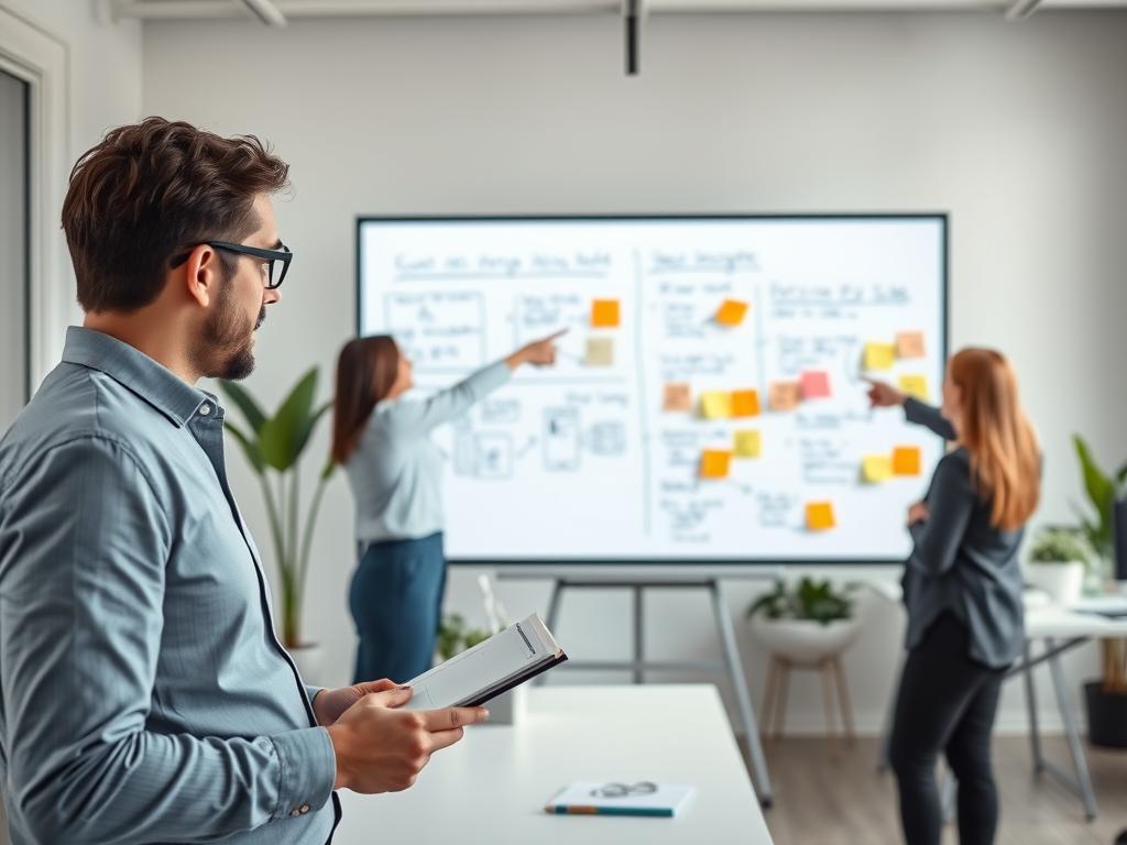 A bright, modern usability testing environment is depicted, with a focus on two professionals analyzing data on a large screen. In the foreground, a person in business casual attire takes notes, actively engaging with usability testing tasks, while a colleague points to user behavior insights displayed on the screen. The middle ground showcases a whiteboard with sketches of user interfaces and sticky notes detailing various testing tasks and questions. In the background, a minimalist office with soft lighting creates a collaborative atmosphere, featuring potted plants and an organized workspace. The mood is analytical yet creative, encouraging discovery and understanding of user behavior influenced by well-designed tasks. The scene captures the essence of usability testing in a professional setting, emphasizing teamwork and insight generation. A bright, modern usability testing environment is depicted, with a focus on two professionals analyzing data on a large screen. In the foreground, a person in business casual attire takes notes, actively engaging with usability testing tasks, while a colleague points to user behavior insights displayed on the screen. The middle ground showcases a whiteboard with sketches of user interfaces and sticky notes detailing various testing tasks and questions. In the background, a minimalist office with soft lighting creates a collaborative atmosphere, featuring potted plants and an organized workspace. The mood is analytical yet creative, encouraging discovery and understanding of user behavior influenced by well-designed tasks. The scene captures the essence of usability testing in a professional setting, emphasizing teamwork and insight generation.