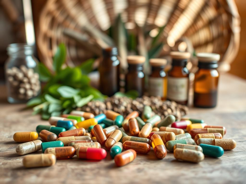 A clean, well-organized display of various traditional medicine capsules in a rustic Bolivian setting. In the foreground, a variety of colorful capsules, some open to show their contents, placed on a wooden surface. The middle ground includes neatly arranged herbal leaves and vials, hinting at their traditional origins. In the background, soft, natural lighting filters through a woven basket, creating a warm and inviting atmosphere. The focus should be on the capsules, capturing their textures and shapes with a macro lens effect. Evoke a sense of authenticity and tranquility, conveying the essence of Bolivian herbal medicine in a safe and professional manner.