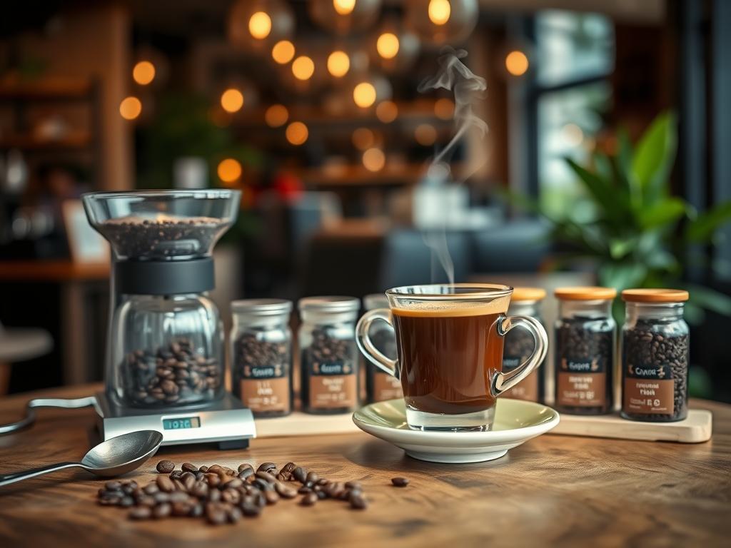 A close-up scene of a beautifully arranged coffee tasting setup on a rustic wooden table. In the foreground, an elegant coffee scale and measuring spoon are placed beside various coffee beans displayed in small glass jars, showcasing different varieties and prices labeled discreetly. In the middle, a rich, steaming cup of coffee sits on a ceramic saucer, with subtle steam curling upwards, highlighting the freshness. The background features a blurred ambiance of a modern coffee shop with warm lighting, wooden accents, and soft green plants, creating a cozy and inviting mood. The scene should evoke a sense of sophistication and quality, emphasizing the value of premium coffee over lower-priced options. A close-up scene of a beautifully arranged coffee tasting setup on a rustic wooden table. In the foreground, an elegant coffee scale and measuring spoon are placed beside various coffee beans displayed in small glass jars, showcasing different varieties and prices labeled discreetly. In the middle, a rich, steaming cup of coffee sits on a ceramic saucer, with subtle steam curling upwards, highlighting the freshness. The background features a blurred ambiance of a modern coffee shop with warm lighting, wooden accents, and soft green plants, creating a cozy and inviting mood. The scene should evoke a sense of sophistication and quality, emphasizing the value of premium coffee over lower-priced options.