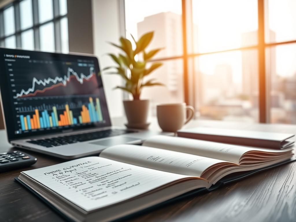 A close-up view of a professional workspace showcasing a neatly arranged desk with a laptop displaying financial graphs and charts, symbolizing income and growth. In the foreground, an open notebook with written notes about app testing, alongside a calculator and a coffee cup, suggests productivity. The middle ground features a potted plant adding a touch of greenery. In the background, soft natural lighting floods the room through large windows, with an urban skyline visible outside, hinting at opportunity. The mood is focused and optimistic, conveying a sense of professionalism and ambition. The overall composition emphasizes the theme of financial success in a modern, creative work environment. A close-up view of a professional workspace showcasing a neatly arranged desk with a laptop displaying financial graphs and charts, symbolizing income and growth. In the foreground, an open notebook with written notes about app testing, alongside a calculator and a coffee cup, suggests productivity. The middle ground features a potted plant adding a touch of greenery. In the background, soft natural lighting floods the room through large windows, with an urban skyline visible outside, hinting at opportunity. The mood is focused and optimistic, conveying a sense of professionalism and ambition. The overall composition emphasizes the theme of financial success in a modern, creative work environment.