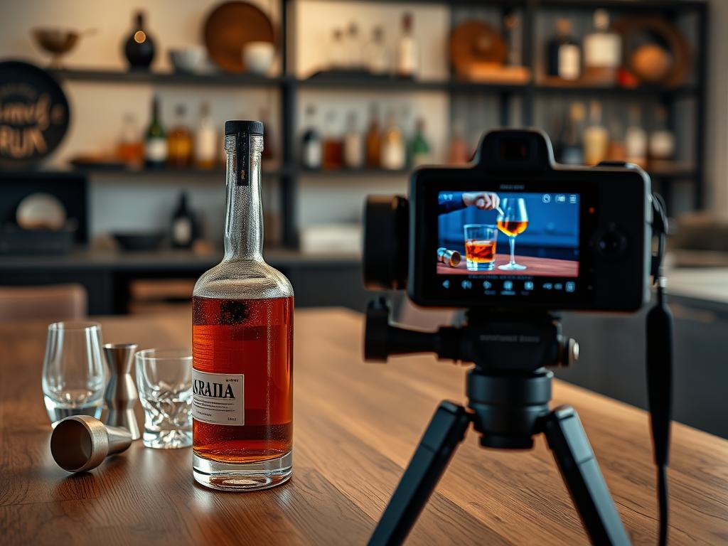 A close-up view of a sleek, modern setup showcasing a video recording of a handcrafted rum bottle on a wooden table. In the foreground, the rum bottle glistens with condensation, surrounded by artisanal accessories like a jigger and tasting glasses. The middle ground features a high-quality camera on a tripod, capturing the essence of the rum, with the screen displaying a vibrant video footage of the rum being poured into a glass. Soft, warm lighting illuminates the scene, enhancing the rich amber hues of the rum. In the background, blurred shelves filled with other handmade spirits and decorative items suggest a cozy, inviting atmosphere, emphasizing the artisanal nature of the products. The overall mood is sophisticated yet approachable, appealing to the discerning eye of a rum enthusiast. A close-up view of a sleek, modern setup showcasing a video recording of a handcrafted rum bottle on a wooden table. In the foreground, the rum bottle glistens with condensation, surrounded by artisanal accessories like a jigger and tasting glasses. The middle ground features a high-quality camera on a tripod, capturing the essence of the rum, with the screen displaying a vibrant video footage of the rum being poured into a glass. Soft, warm lighting illuminates the scene, enhancing the rich amber hues of the rum. In the background, blurred shelves filled with other handmade spirits and decorative items suggest a cozy, inviting atmosphere, emphasizing the artisanal nature of the products. The overall mood is sophisticated yet approachable, appealing to the discerning eye of a rum enthusiast.