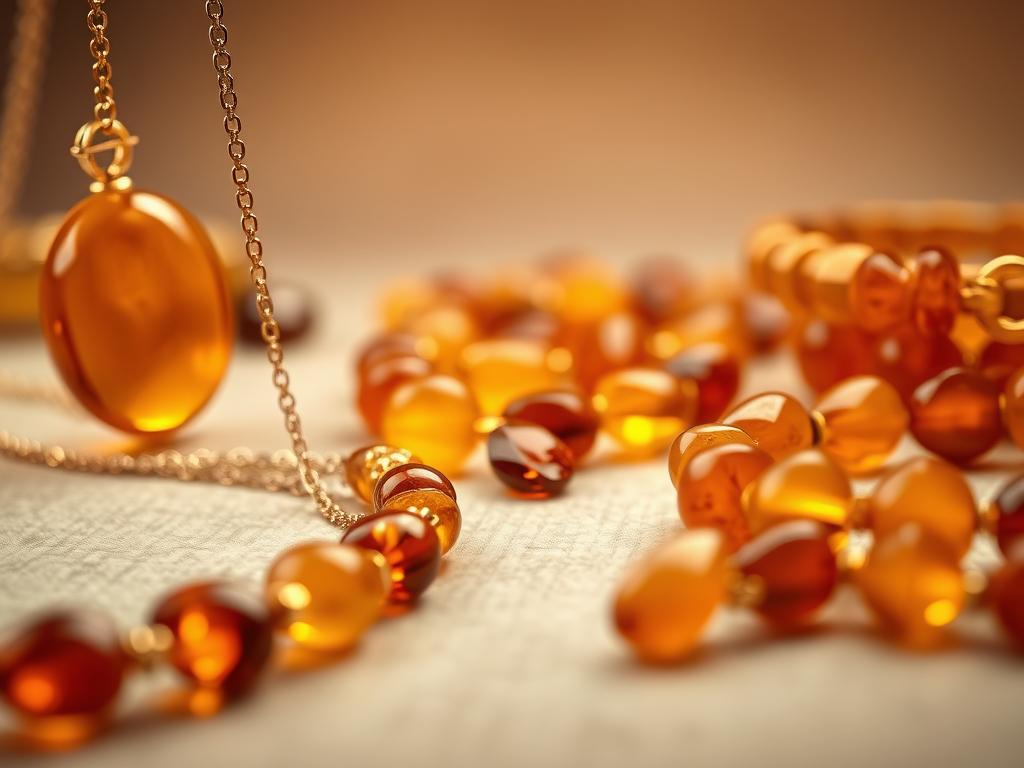 A close-up view of an assortment of amber jewelry, featuring elegant necklaces and bracelets, focusing on the mesmerizing hues of amber ranging from deep golden yellows to vibrant oranges and soft honey tones. The foreground showcases the intricate details of the jewelry pieces, with reflections highlighting their polished surfaces. In the middle ground, a softly blurred array of natural amber stones glistens under warm, diffused lighting. The background consists of a smooth, neutral surface, enhancing the richness of the amber tones without distractions. The atmosphere is warm and inviting, conjuring feelings of sophistication and natural beauty, perfect for an article on amber jewelry.
