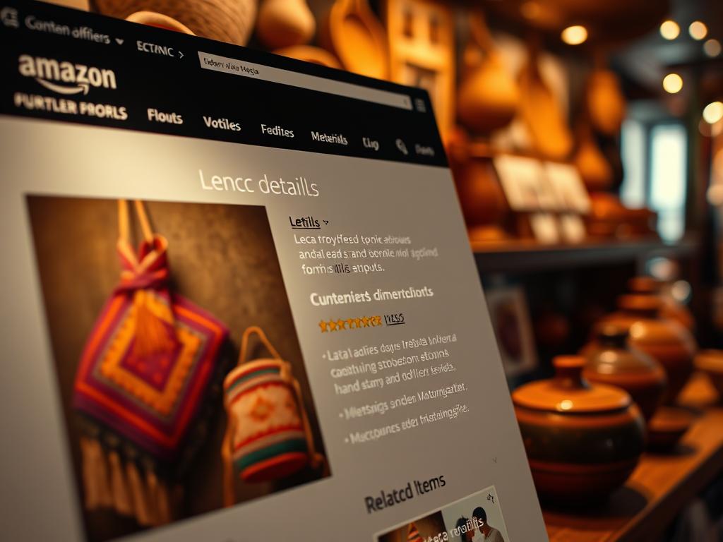A close-up view of an elegant Amazon product details page showcasing Lenca crafts, prominently featuring handcrafted items like woven textiles and pottery. In the foreground, display the product images with a spotlight effect, emphasizing their intricate designs and vibrant colors. The middle layer should show the product details, including materials and dimensions, organized neatly in an aesthetically pleasing font. In the background, include subtle hints of related items labeled “Customers also bought,” with a soft focus to maintain attention on the main products. Use warm, inviting lighting to create a cozy shopping atmosphere, shot from a slightly elevated angle to add depth. The overall mood should be engaging and informative, highlighting the beauty of Lenca craftsmanship. A close-up view of an elegant Amazon product details page showcasing Lenca crafts, prominently featuring handcrafted items like woven textiles and pottery. In the foreground, display the product images with a spotlight effect, emphasizing their intricate designs and vibrant colors. The middle layer should show the product details, including materials and dimensions, organized neatly in an aesthetically pleasing font. In the background, include subtle hints of related items labeled “Customers also bought,” with a soft focus to maintain attention on the main products. Use warm, inviting lighting to create a cozy shopping atmosphere, shot from a slightly elevated angle to add depth. The overall mood should be engaging and informative, highlighting the beauty of Lenca craftsmanship.