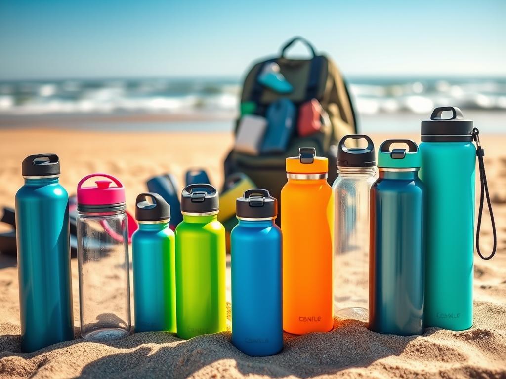 A collection of colorful, reusable water bottles arranged on a sandy beach setting, showcasing various designs such as sleek, sporty, and eco-friendly styles. In the foreground, vibrant bottles in shades of blue, green, and orange glisten under bright, natural sunlight, highlighting their reflective surfaces. The middle ground features a stylish backpack and travel accessories, like compact travel pouches, complementing the hydration theme. The background includes a blurred shoreline, with gentle waves lapping at the sand and a clear blue sky, creating a tranquil outdoor atmosphere. The lighting is warm and inviting, suggesting a sunny day at the beach, perfect for outdoor adventures and hydration.